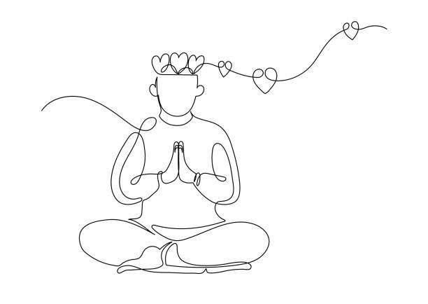 Man praying with love in lotus pose. Religion, faith, meditation concept. Continuous line drawing.